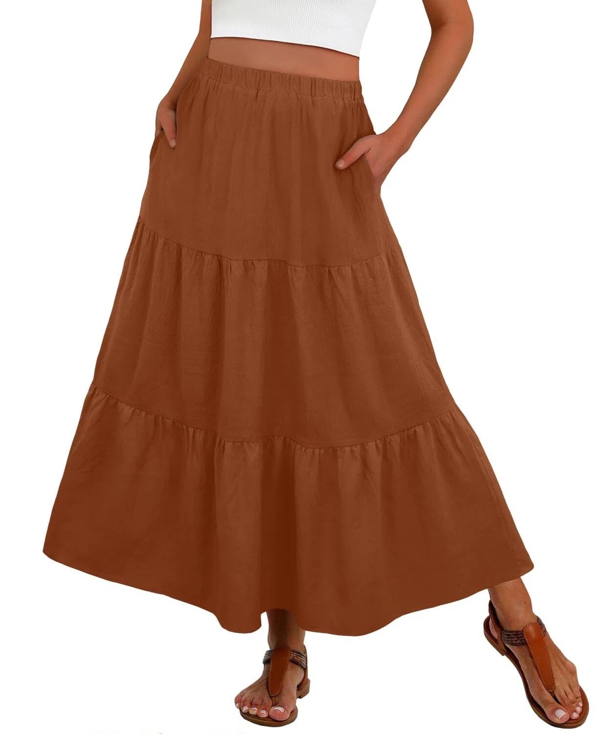 PrinStory Rock Damen Sommer Lang Boho Röcke A Linie Maxirock Mit Tasche Maxi Skirt Freizeitrock Luftig Strandkleider