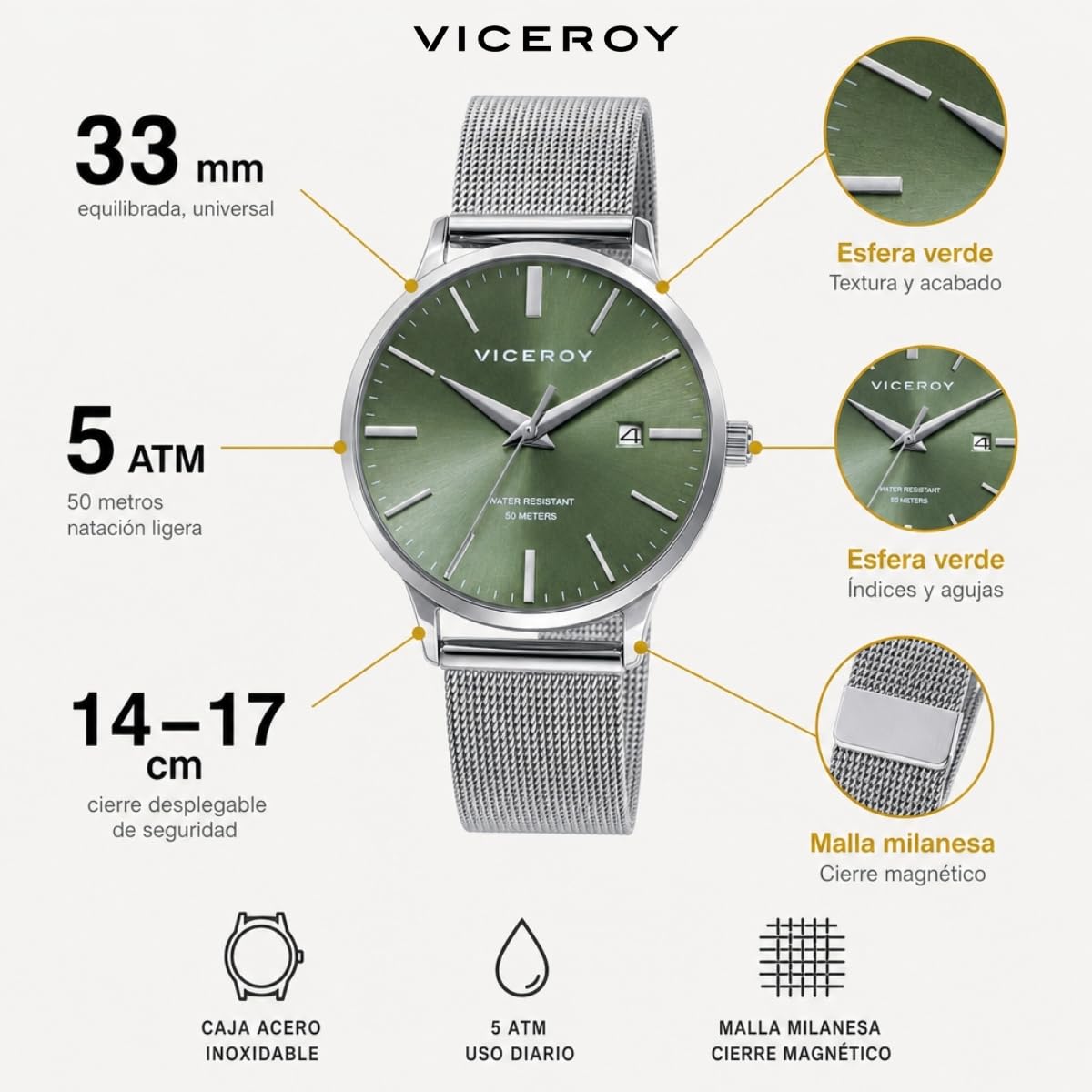Viceroy Reloj Mujer Elegante para Vestir de Acero Inoxidable - 33 mm - Movimiento de Cuarzo - Bisel Dorado - 401344