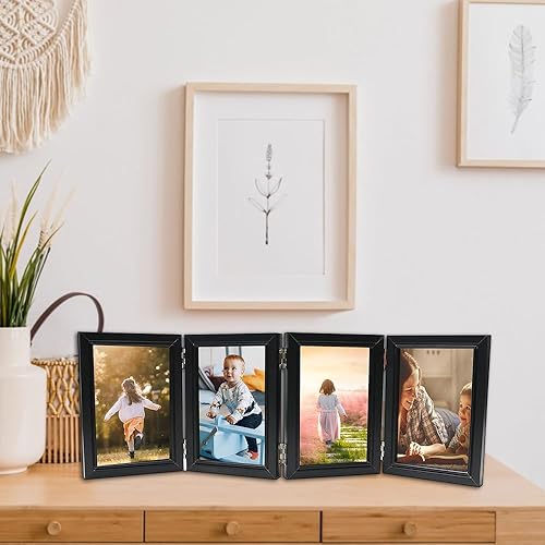 Miniatura 3 de POILKMNI 4 portarretratos plegables de 5 x 7 pulgadas con bisagras de alta definición, de madera natural, marco de acrílico rústico para escritorio,
