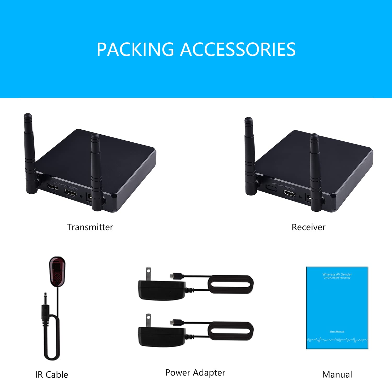 Trasmettitore e ricevitore audio e video wireless 5,8 GHz 9 canali HDMI 1080P mittente con prolunga IR remoto per via cavo, satellite, DVD alla TV in modalità wireless(MT-HD3504)