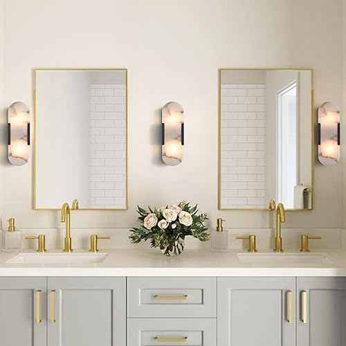 Miniatura 4 de Juego de dos apliques de pared, lámpara de pared de alabastro, accesorios de tocador negro mate para baño, lámpara de pared moderna de mesita de