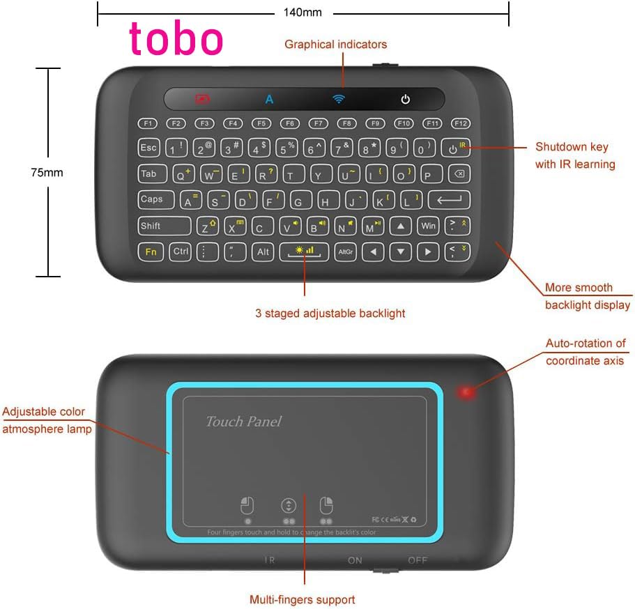 Image of Tobo Mini Wireless Keyboard,H20 Mini Keyboard with Touchpad,Backlit Small Wireless Keyboard,Full Size Touchpad,Handheld IR Remote Keyboard TD-600KM