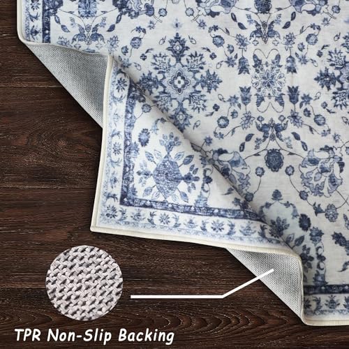 vivorug Runner Rug 2x10 Machine Washable Rug with Non-Slip Backing, Ideal for Kitchen Hallway Entryway Laundry Room - Vintage, Durable, Easy Clean, Low Pile Carpet Runner, Ivory/Blue