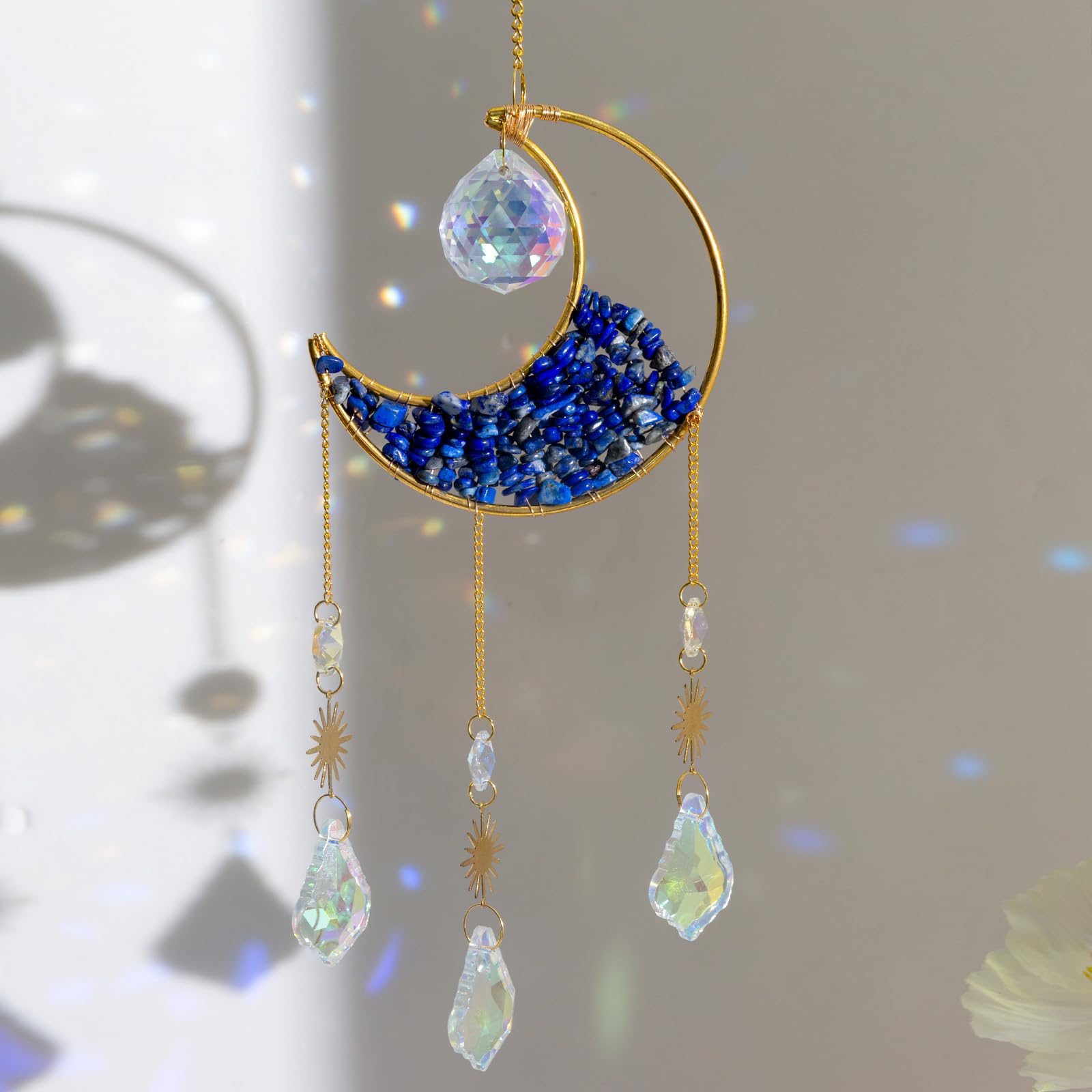 Crystal Suncatchers for Indoor Windows Hanging Moon Sun Catchers with Lapis Lazuli Suncatcher Rainbow Maker Home Deco Garden Suncatcher Atrapa Soles de Cristal Gift for Mom