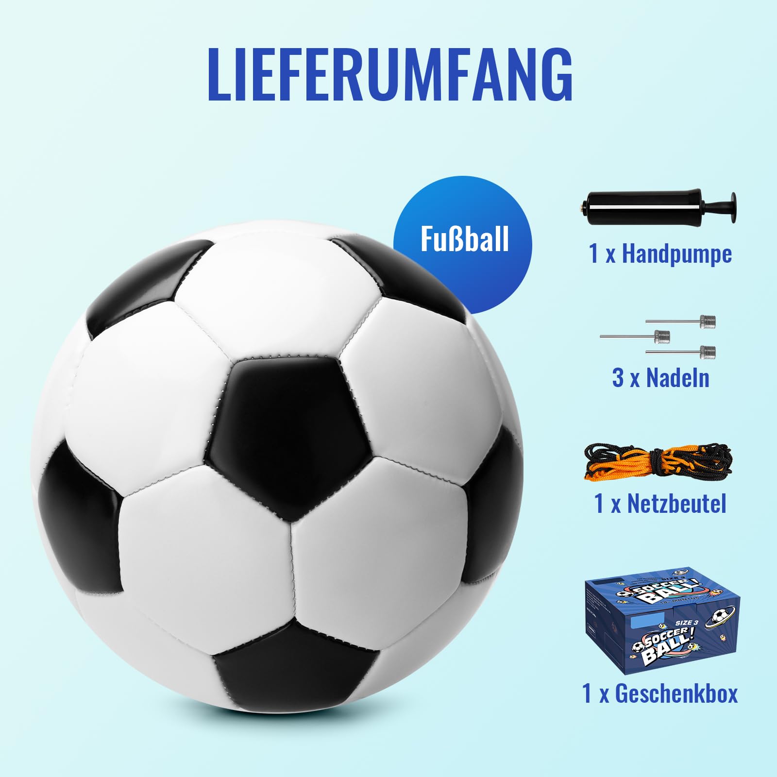 U&C Planet Fußball Größe 3 für Kinder mit Pumpe und Netz - klassisch schwarz weiß, ideal als Outdoor Spielzeug, Geschenk für Jungen und Mädchen ab 3 Jahren