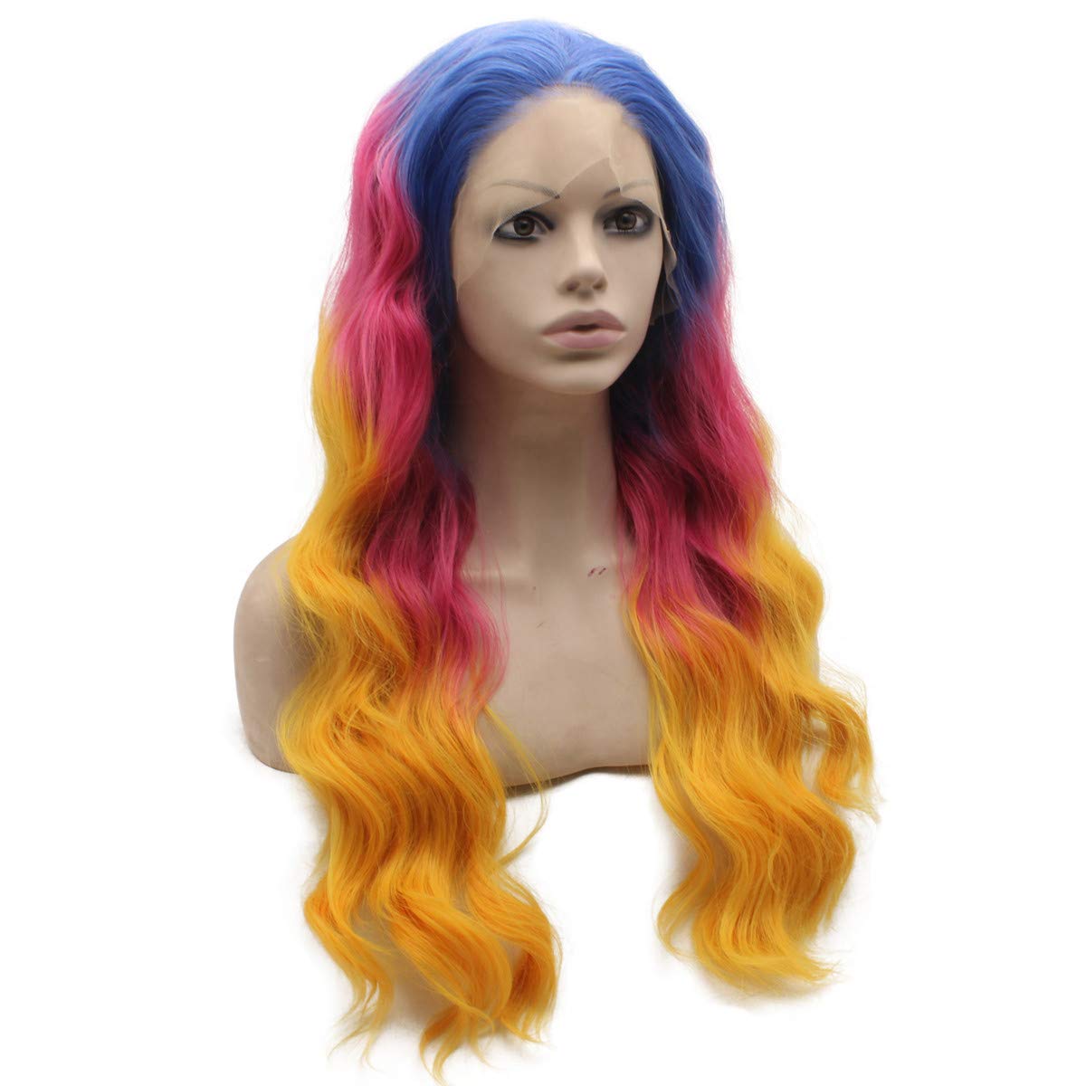 MX angel Long Ombre Blue Pink Deep Parting 13X6 Lace Front Synthetic Hair Heat Friendly Fiber Cosplay Party Wig