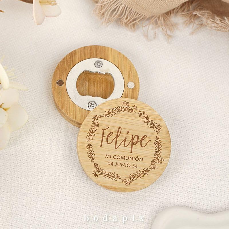Pack 25 Abridores de Bambú Magnéticos con Mensaje | Abrebotellas para Regalo de Comunión, Bautizo, Boda | Detalle personalizado para Invitados | Bodapix