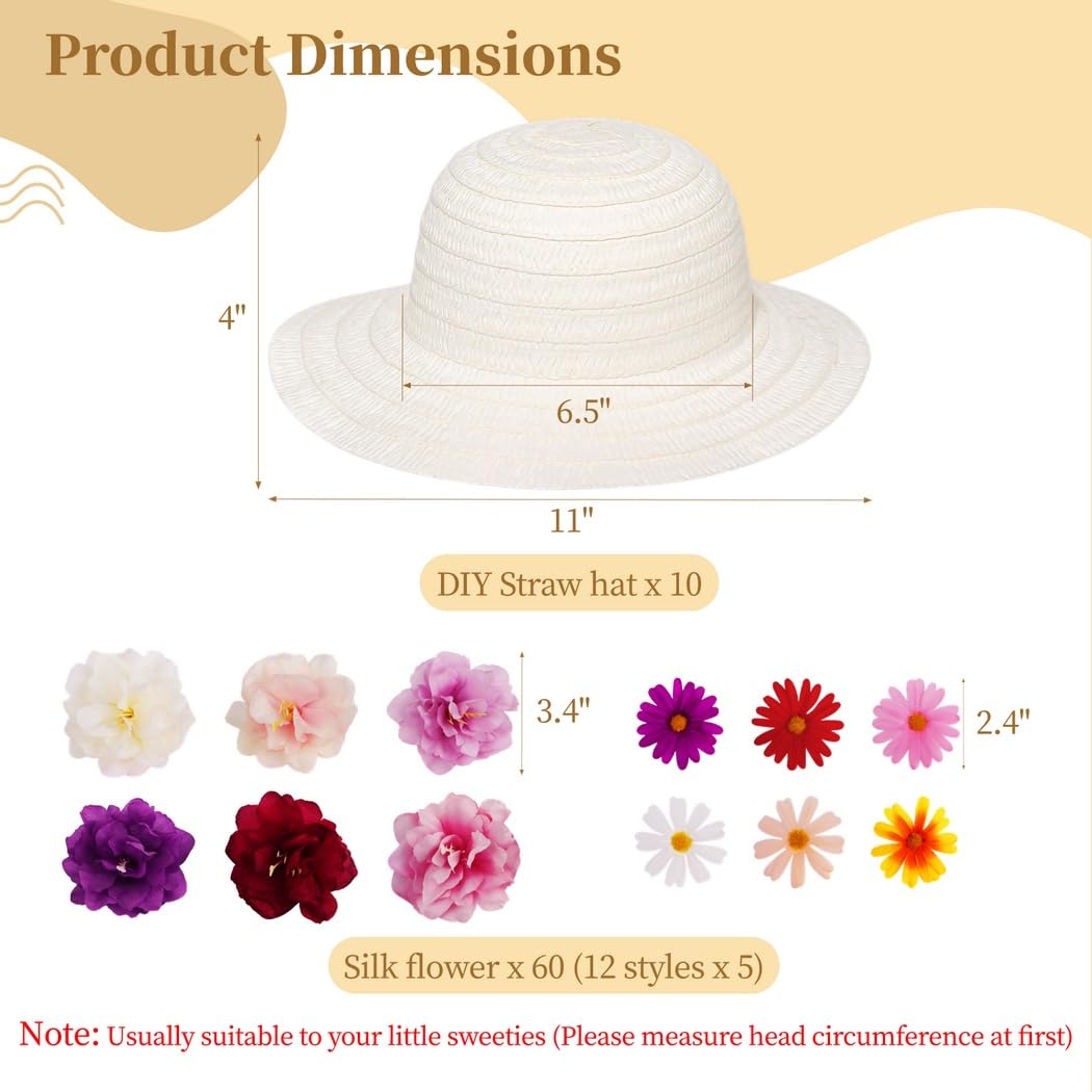 10 cappelli di paglia fai da te con 60 fiori artificiali, set per bambini e adulti, cappelli floreali creativi per travestimento