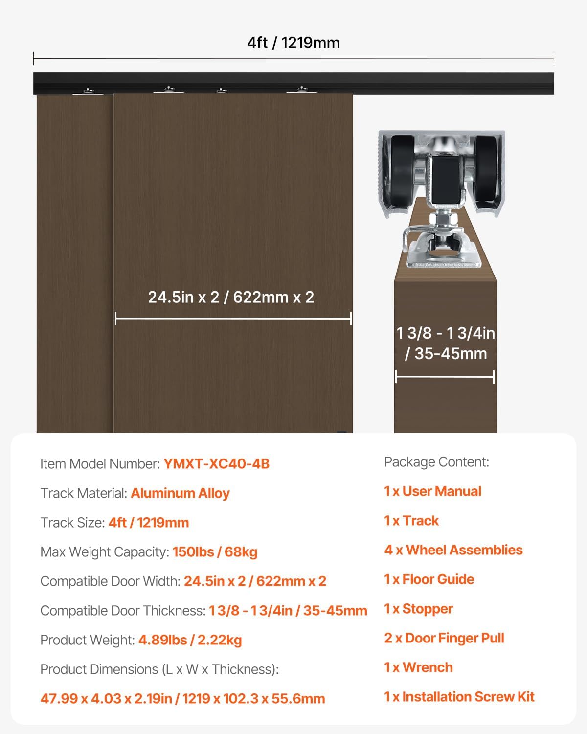 Image showing all components included in the VEVOR Bypass Sliding Door Hardware Kit, including track, wheel assemblies, floor guide, stopper, finger pulls, wrench, and screws.