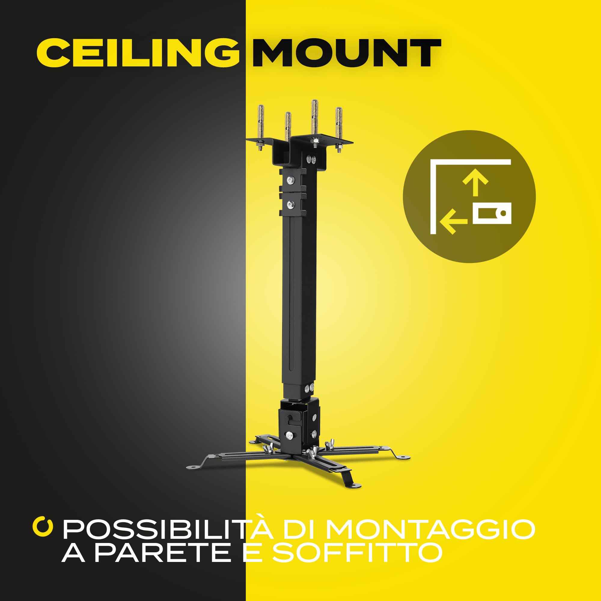 Overmax Ceiling Mount supporto per proiettore fino a 20 kg, lunghezza regolabile, regolazione dell'angolo 25 gradi, in acciaio, montaggio a parete e a soffitto, struttura leggera e stabile
