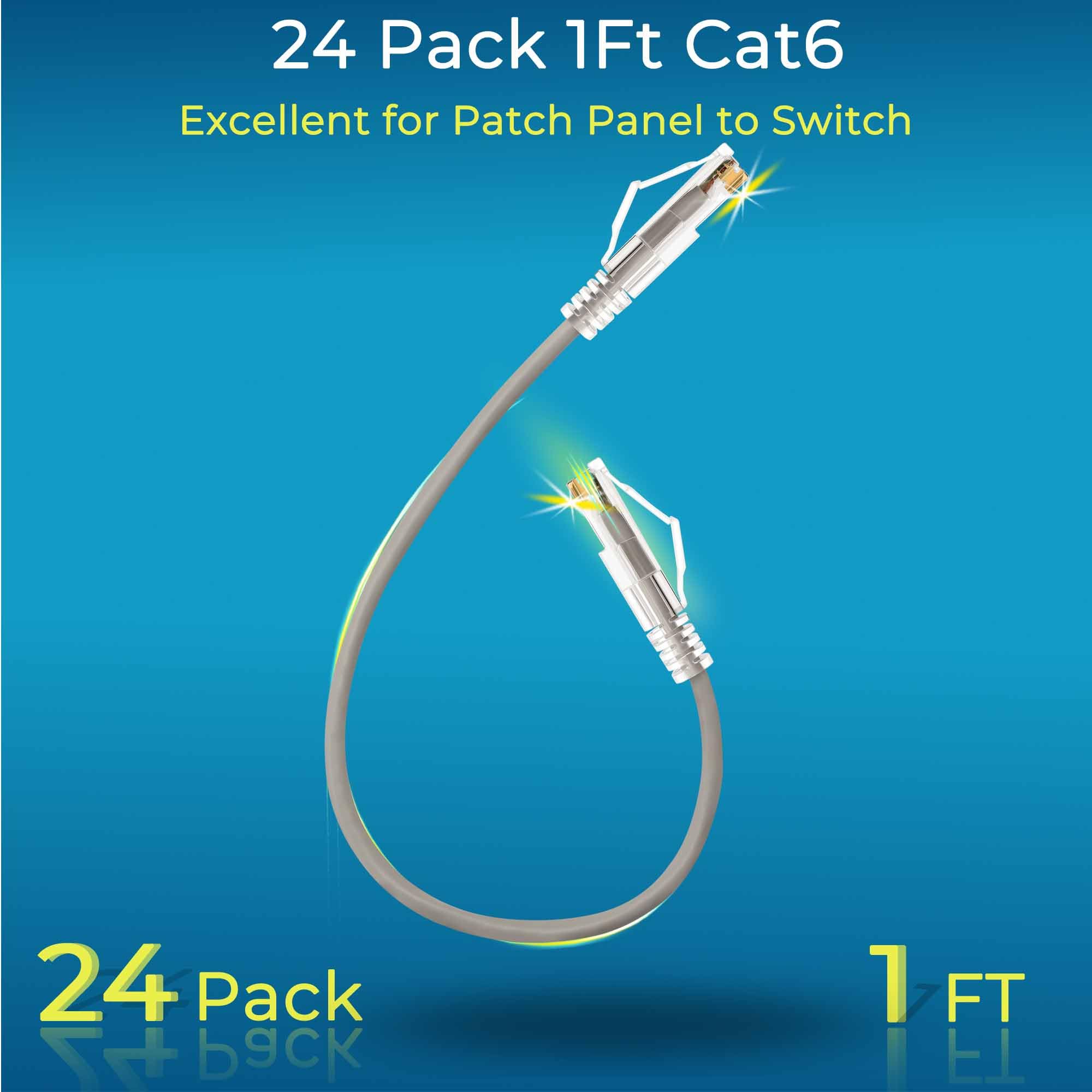 Rapink Cables de conexión Cat6/Cat6a de 2 pies (paquete de 24) delgado, cable de conexión Ethernet Cat6a 20G, cable de conexión Cat 6 sin enganches para panel de conexión a interruptor, cable Ethernet