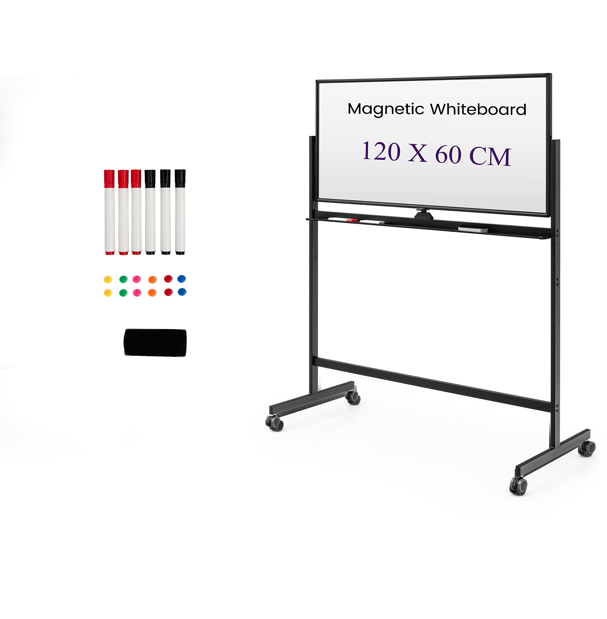 LIFEZEAL Pizarra Blanca Doble Cara 120x60cm, Pizarra Magnética Ajustable en Altura, Pizarra Móvil con soporte con 6 Pines y Ruedas Fijas para Oficina y Escuela (Negro)