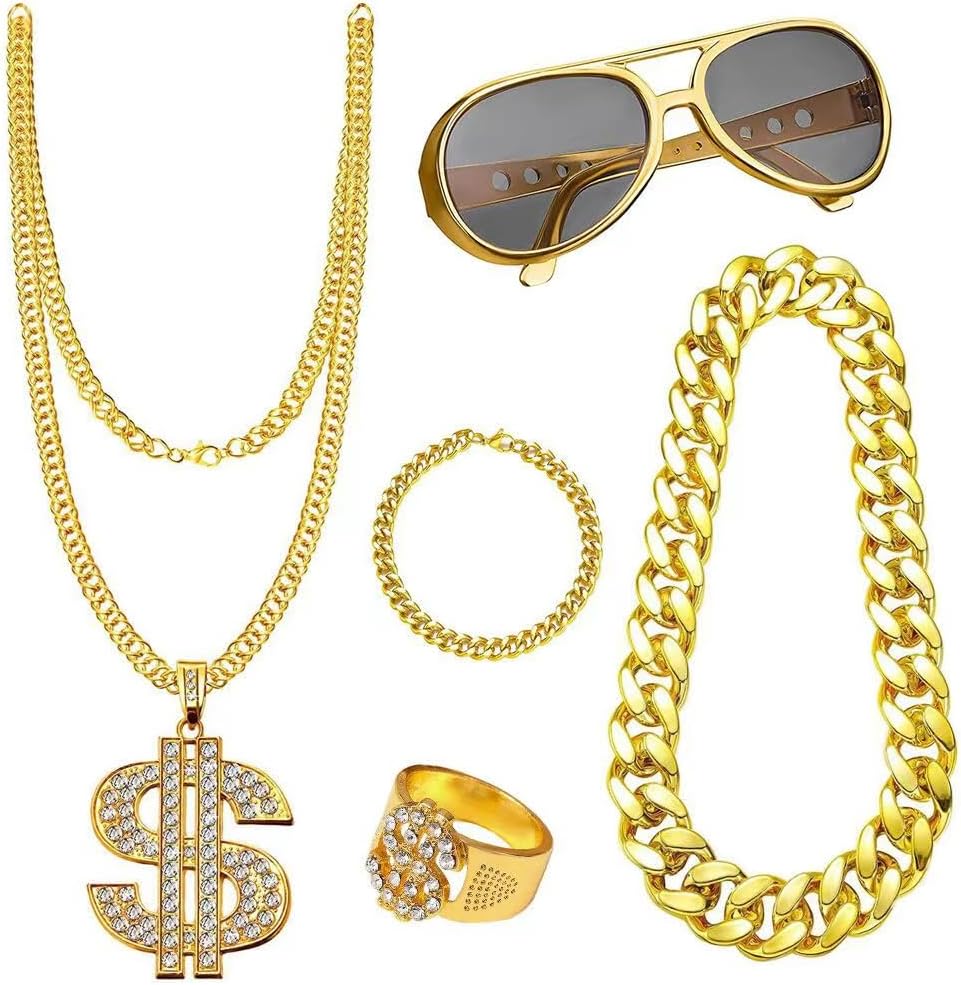 80s 90s Retro Hip Hop Costume Set with Faux Gold Chains Punk Sunglasses Dollar Sign Ring