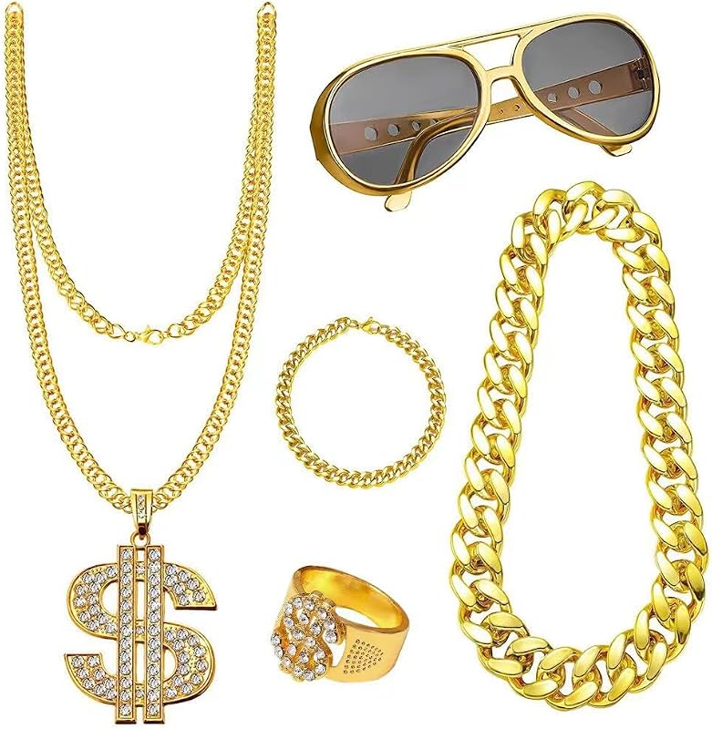 80s 90s Retro Hip Hop Costume Set with Faux Gold Chains Punk Sunglasses Dollar Sign Ring