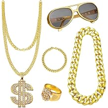 80s 90s Retro Hip Hop Costume Set with Faux Gold Chains Punk Sunglasses Dollar Sign Ring