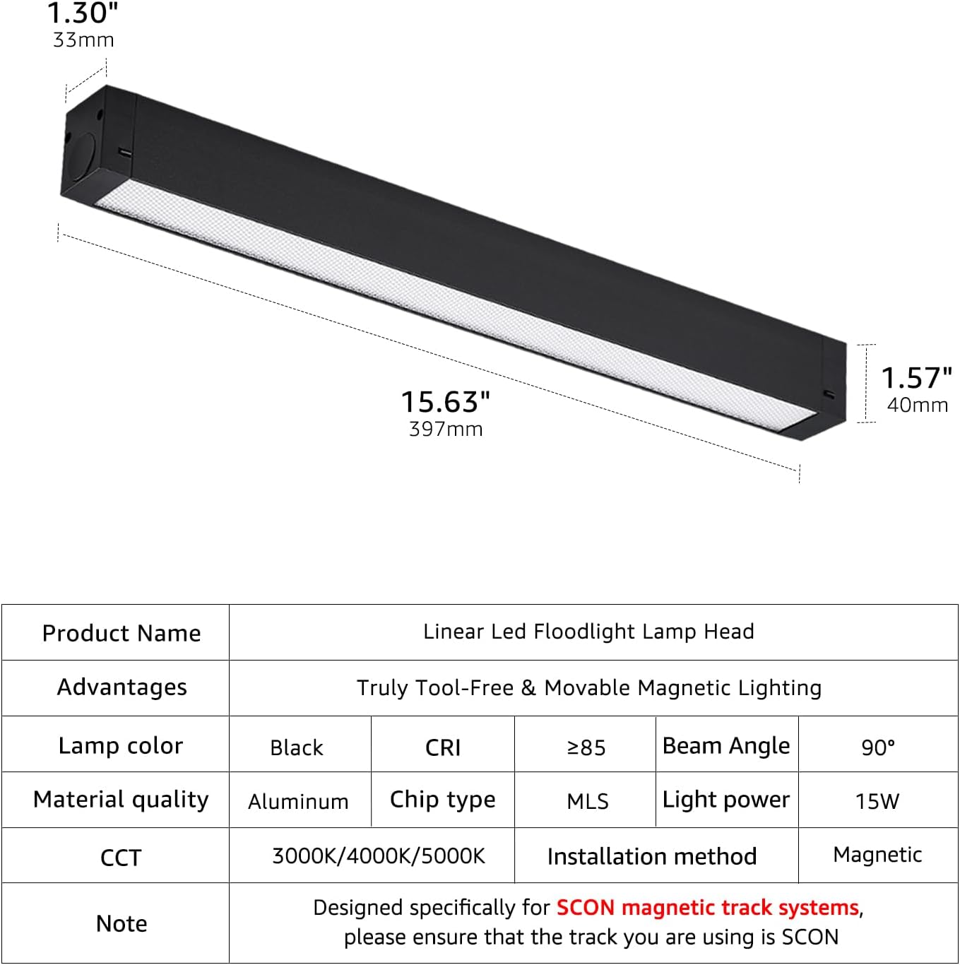 SCON 15W Adjustable CCT Linear LED Flood Light Lamp Head 2-Pack, 24V Magnetic Track Head, 3000K-5000K for Recessed/Ceiling Track Lighting Systems, Track Lighting Fixture for Kitchen Living Room Office