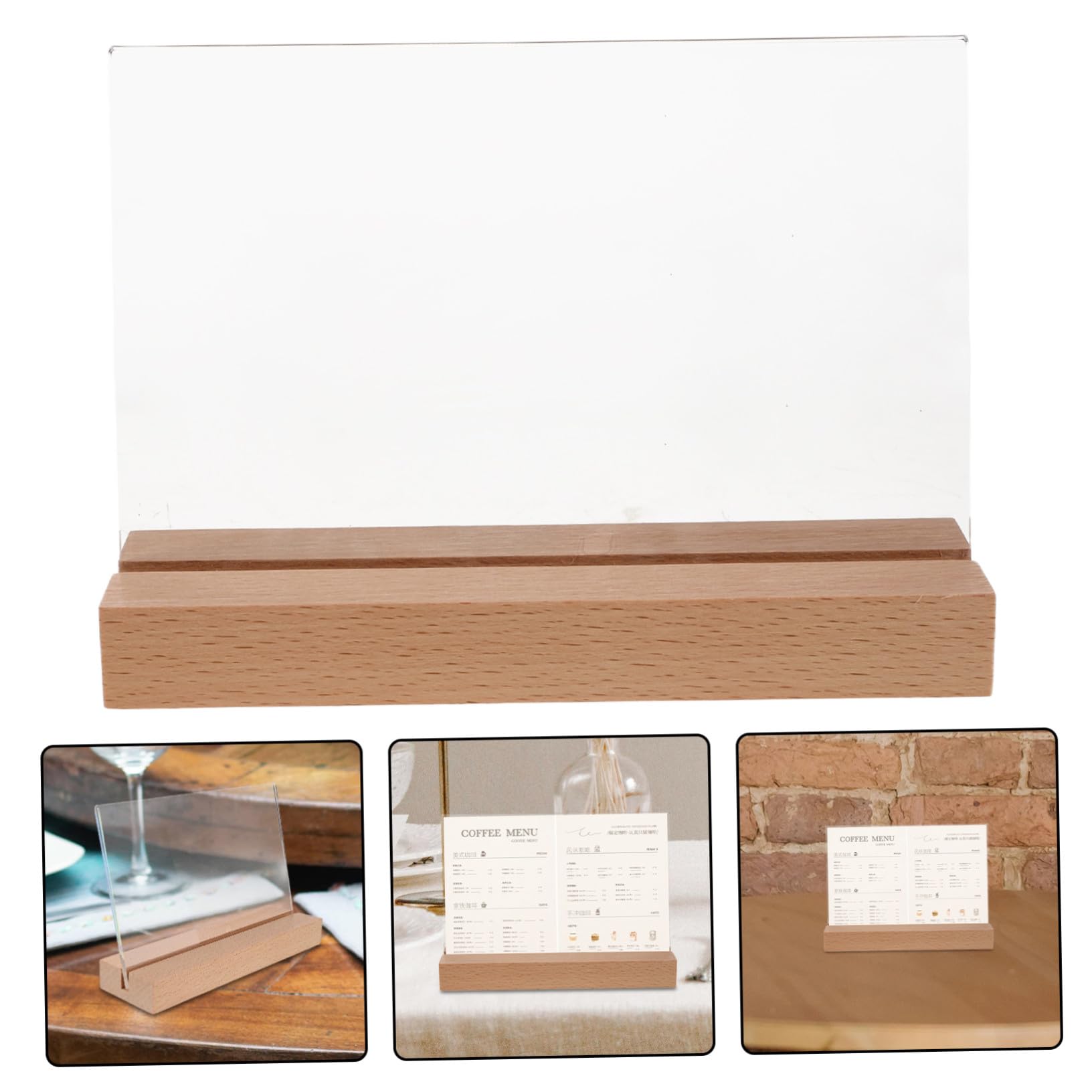 Soporte para Letreros de Escritorio con Base de Madera, Acrílico Transparente, Diseño Horizontal Estable, Adecuado para Oficinas y Restaurantes, Paquete de 5 Unidades