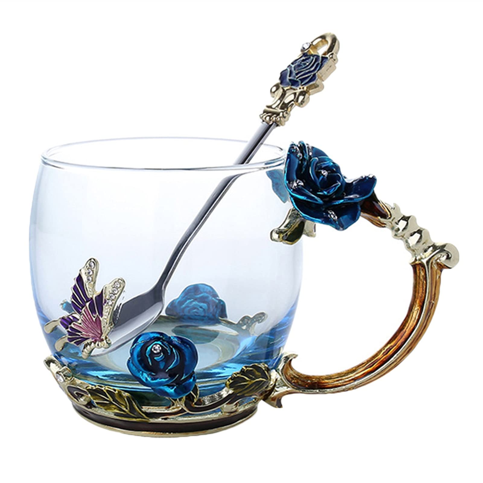 Kaffeetassen mit Untertassen,Tassen & Untertassen Emaille Kaffee Teetasse Becher 3D Rose Butterfly Glas Tassen Hochzeitsgeschenk(Blue Short with spoo)