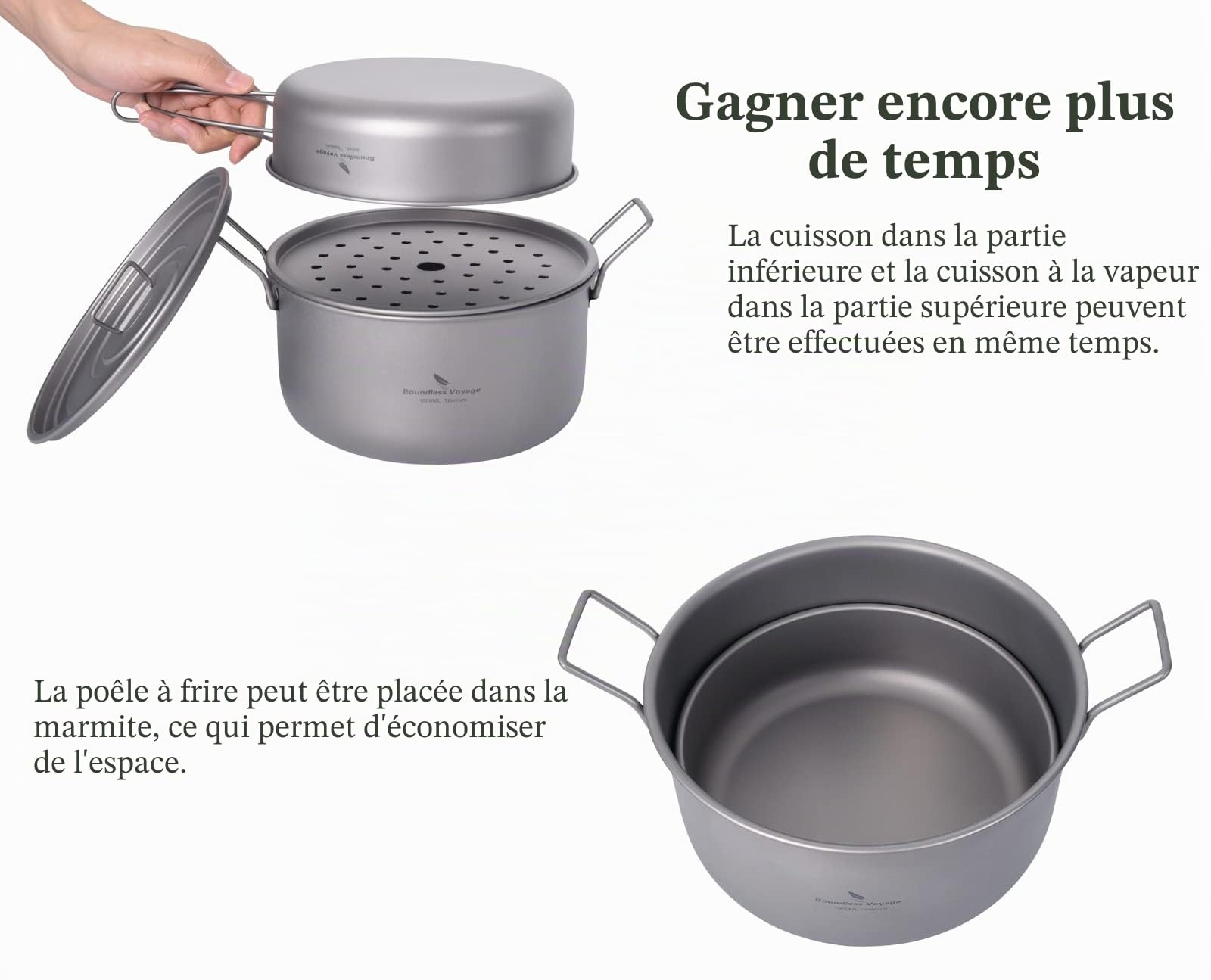 iBasingo Pot à soupe à vapeur en titane Poêle à frire avec couvercle Batterie de cuisine de camping 1900 ml et 900 ml Casserole de plateau de thé de wok d'intérieur extérieur Trousse de mess légère