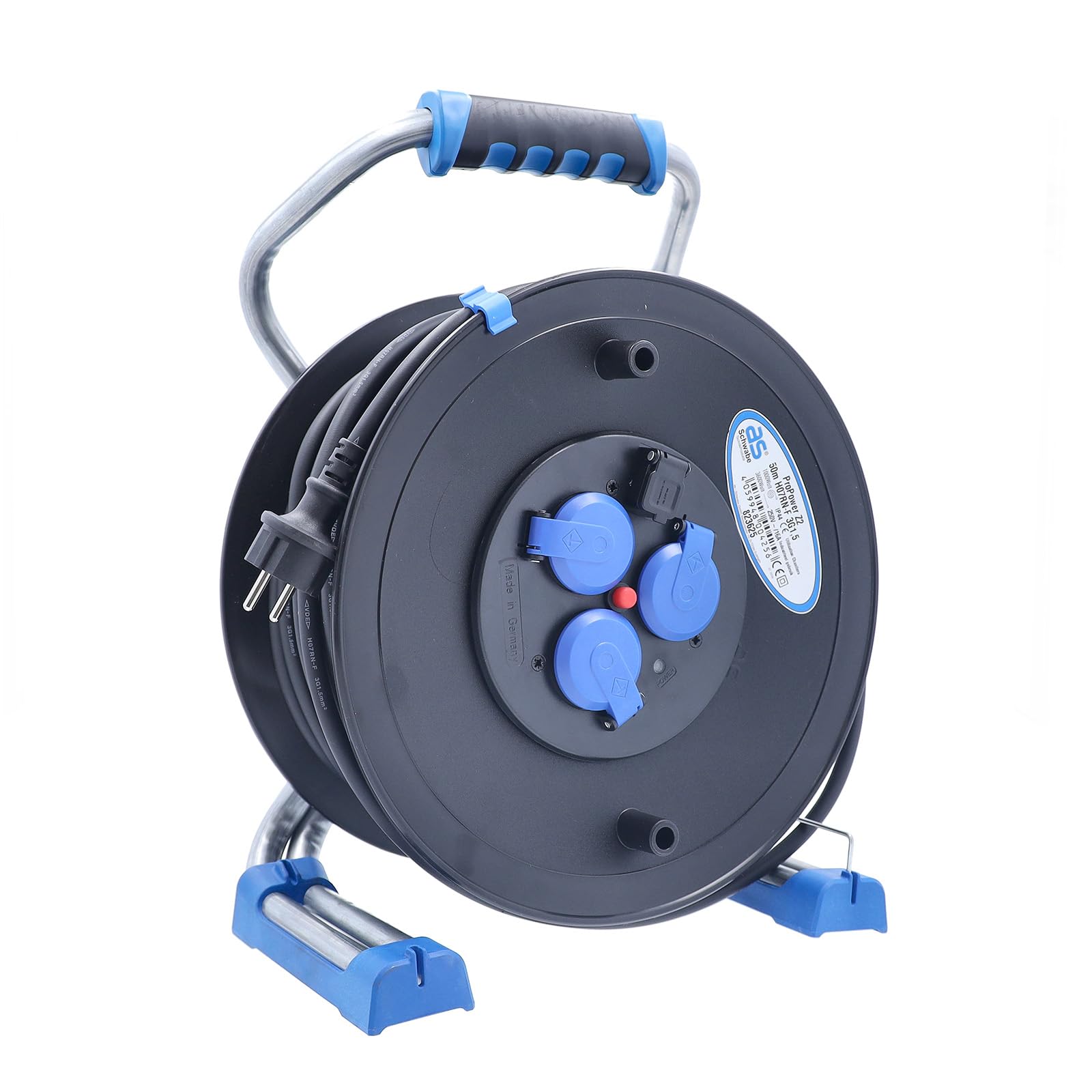 AS ‑ Schwabe Xperts - Enrollador de cable (50 m, H07RN‑F 3G1,5, IP44, 3 enchufes con tierra + puerto USB, indicador de tensión, protección térmica, Made in Germany