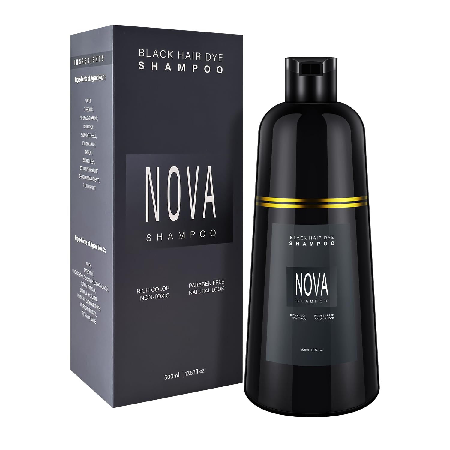 Hair Dye Shampoo & Champu Para Canas - Natural 3-in-1 Instant Gray Coverage for Men & Women (Black-500ml)