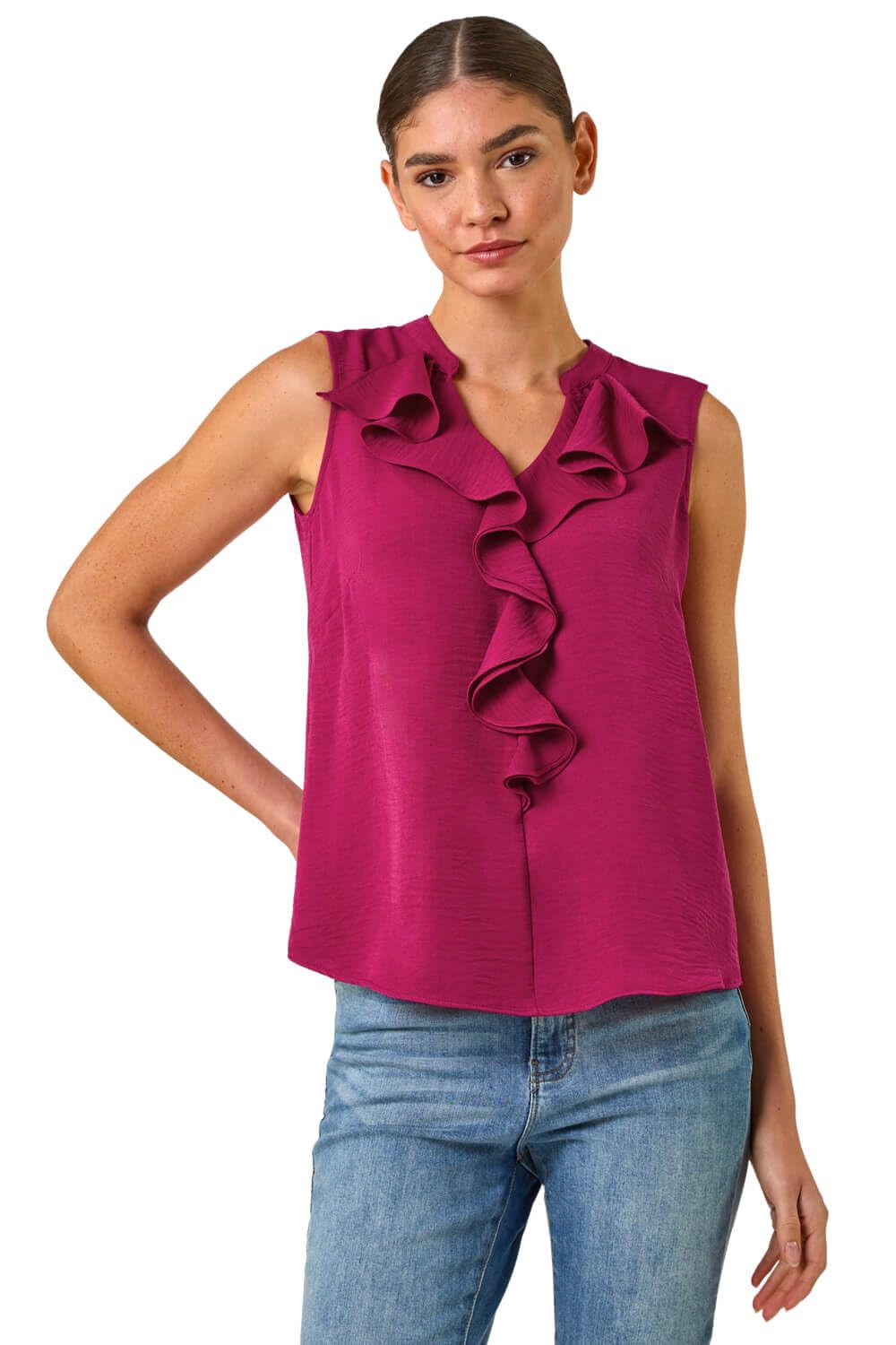Roman Originals Women's Cerise Frill Front Vest Top Ruffle Blouse Summer Spring Special Occasion Evening Holiday Cruise Cocktail Party Short Long Sleeve Sleeveless V-Neck - Size 10