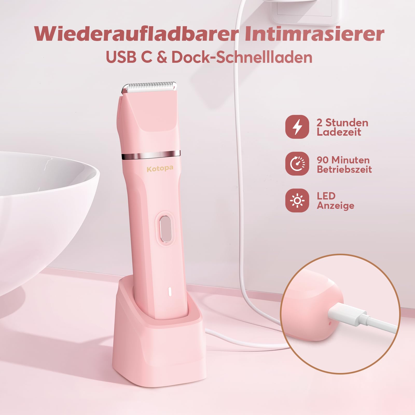 Intimrasierer für Frauen, Elektrischer Rasierer Damen mit 3 Aufsätzen, kabelloser und wiederaufladbarer Trimmer Damen für Intimbereich, Gesicht und Beine, Hautschonend & sanft(Rosa)