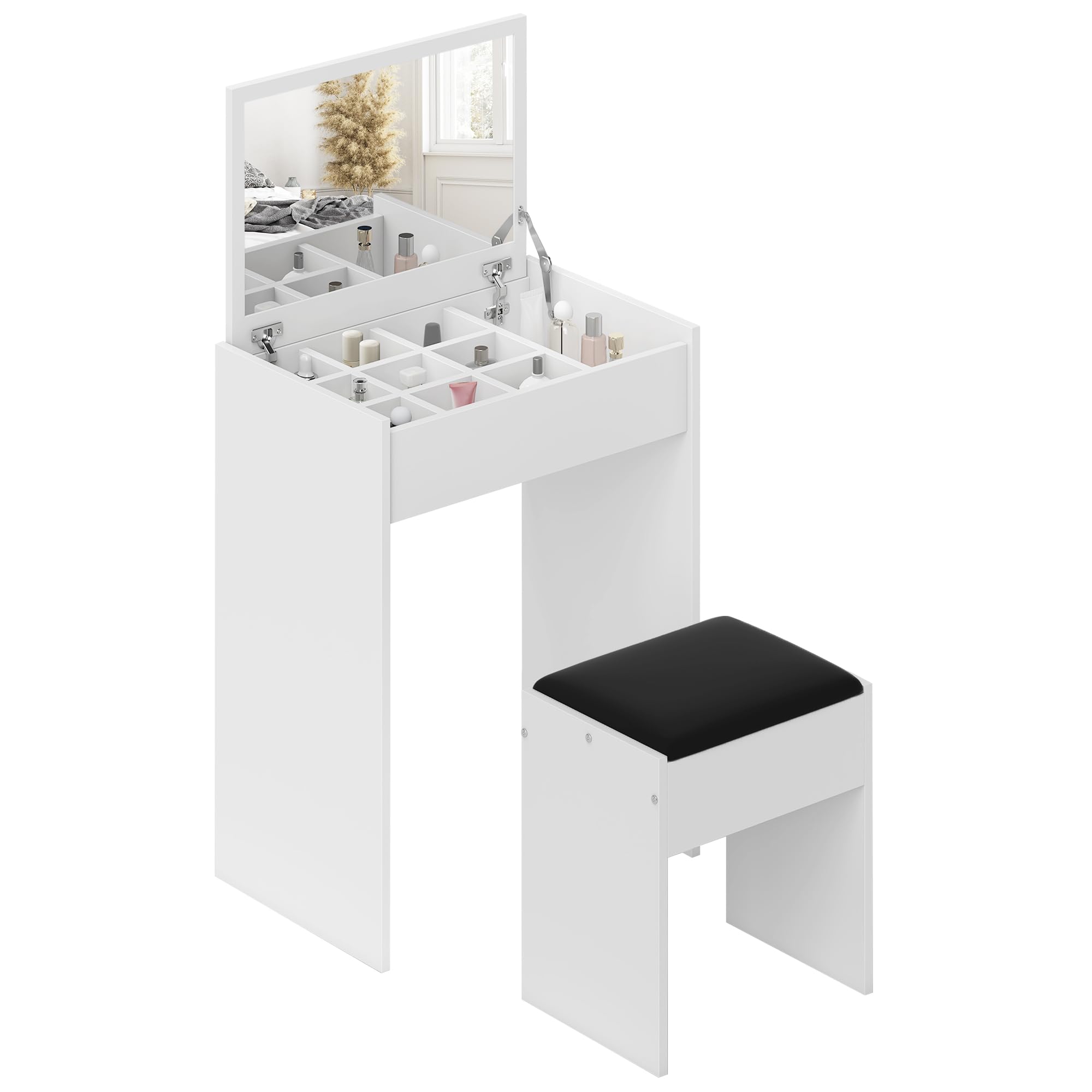 HOMCOM Dressing Table Set Cushioned Stool Flip-up Mirror Chipboard - White