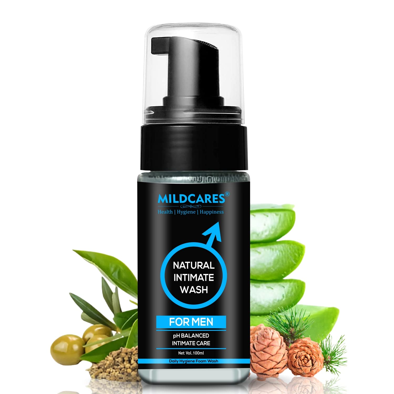 Mildcares Natural Intimate Wash For Men 200ml | Hydrates & Moisturizes | Foam Based, pH Balanced & Anti-Fungal | Tea Tree & Lemon Oil | For Dryness, Itchiness & Odour | Pee Safe Wash For Men & Boys