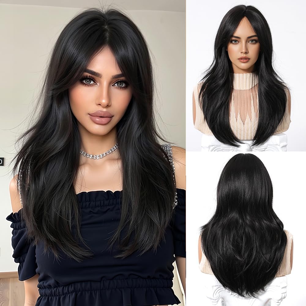 Esmee Long Straight Dark Brown Wig for Women with Curtain Bangs Natural Synthetic Hair Wigs for Daily Party Use