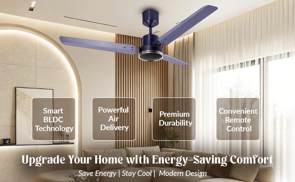 Image of McCoy Velox BLDC Ceiling Fan, 30W, Energy Efficient, 1200mm, 3 Blade, Hi Performance BLDC Motor, 3Year Warranty (Indigo Blue)