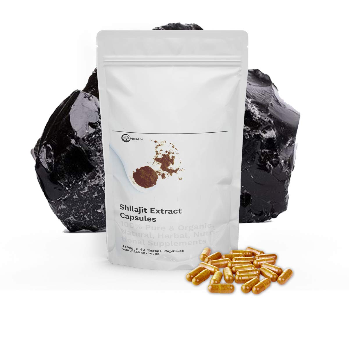 Niikam Shilajit Organic 60 Extract Vegan Capsules High Strength Premium Quality Capsules Gluten Free Gelatin Free Cruelty Free - 100% Natural and Organic