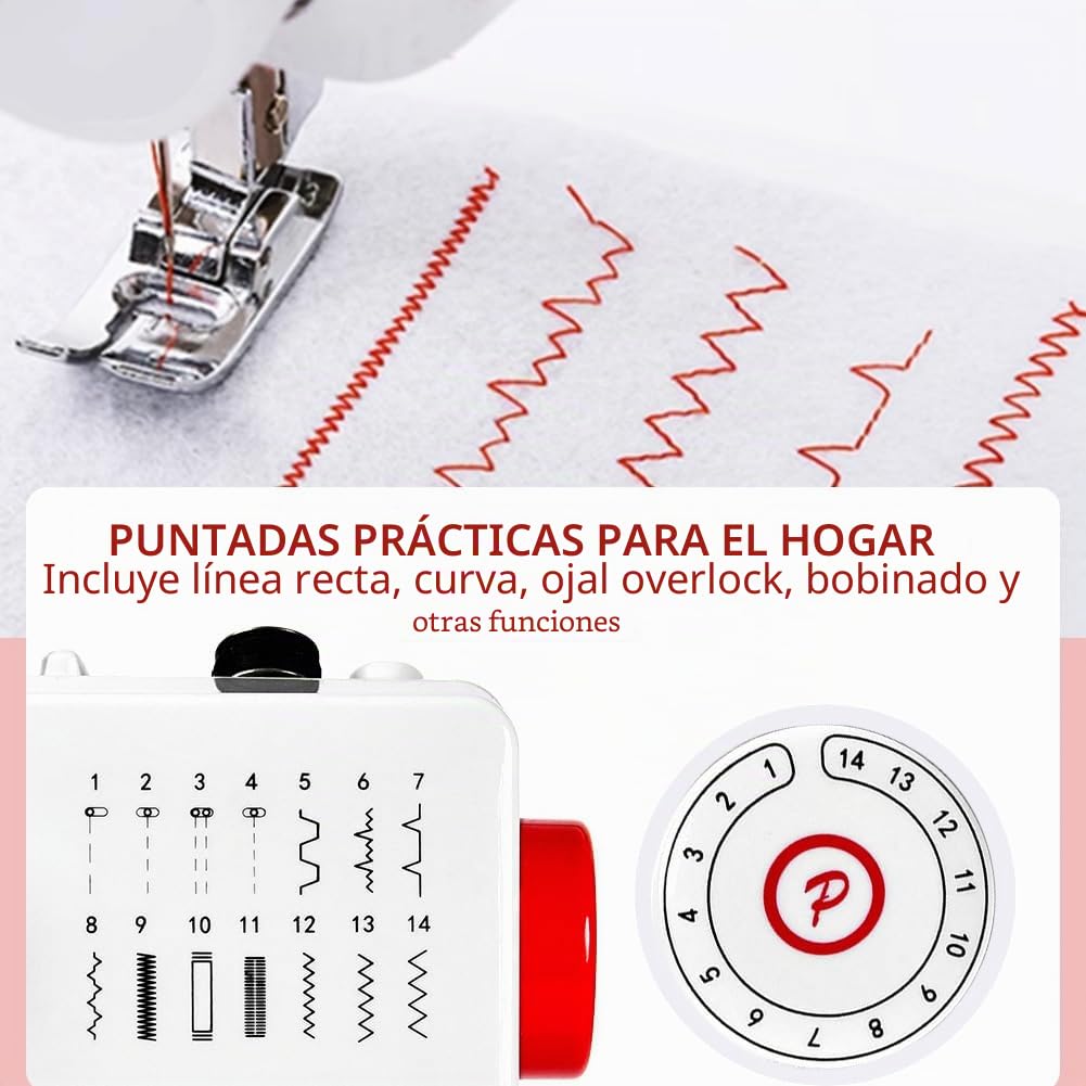 ZPSHYD - Máquina de coser eléctrica portátil de 14 puntos, para principiantes y niños, con pedal, ideal para ropa, bolsos y muñecas, color rojo y blanco