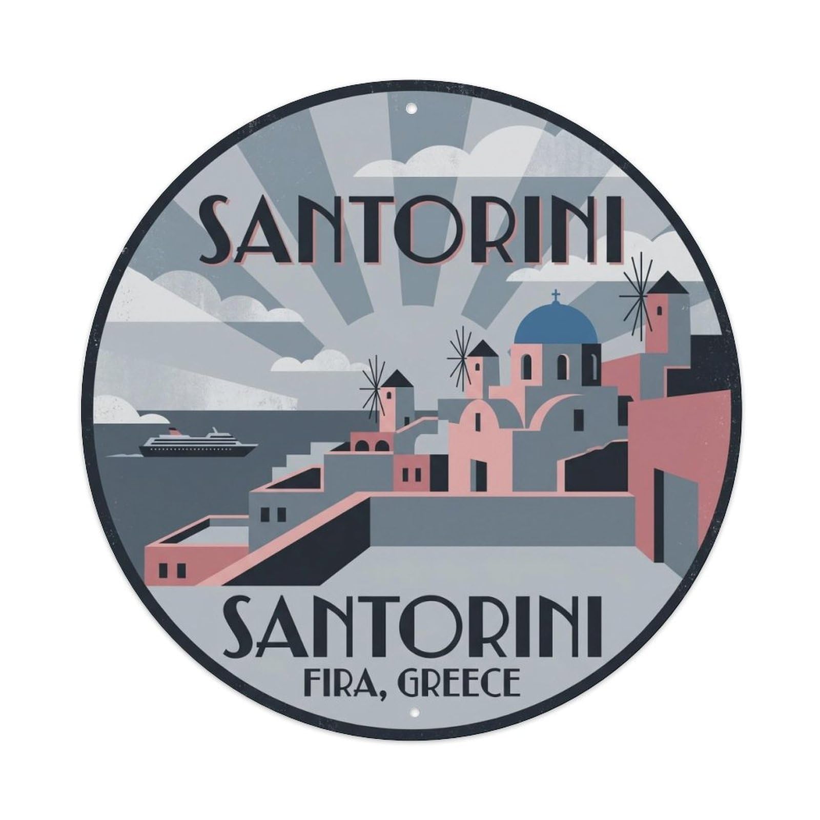 Rooftop Terrace Fira Santorini Greece Caldera Travel Metal Tin Sign