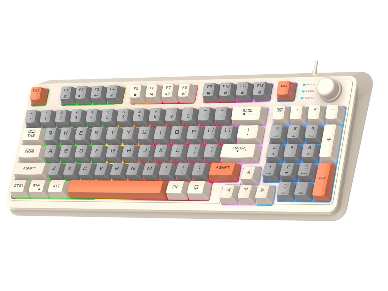 Teclado con Cable para Juegos Mecánico con 94 Teclas 3 Colores Mezclados Efecto de Iluminación Fresco Soporte Ajustable Función Multimedia para PC Ordenador (Blanco)