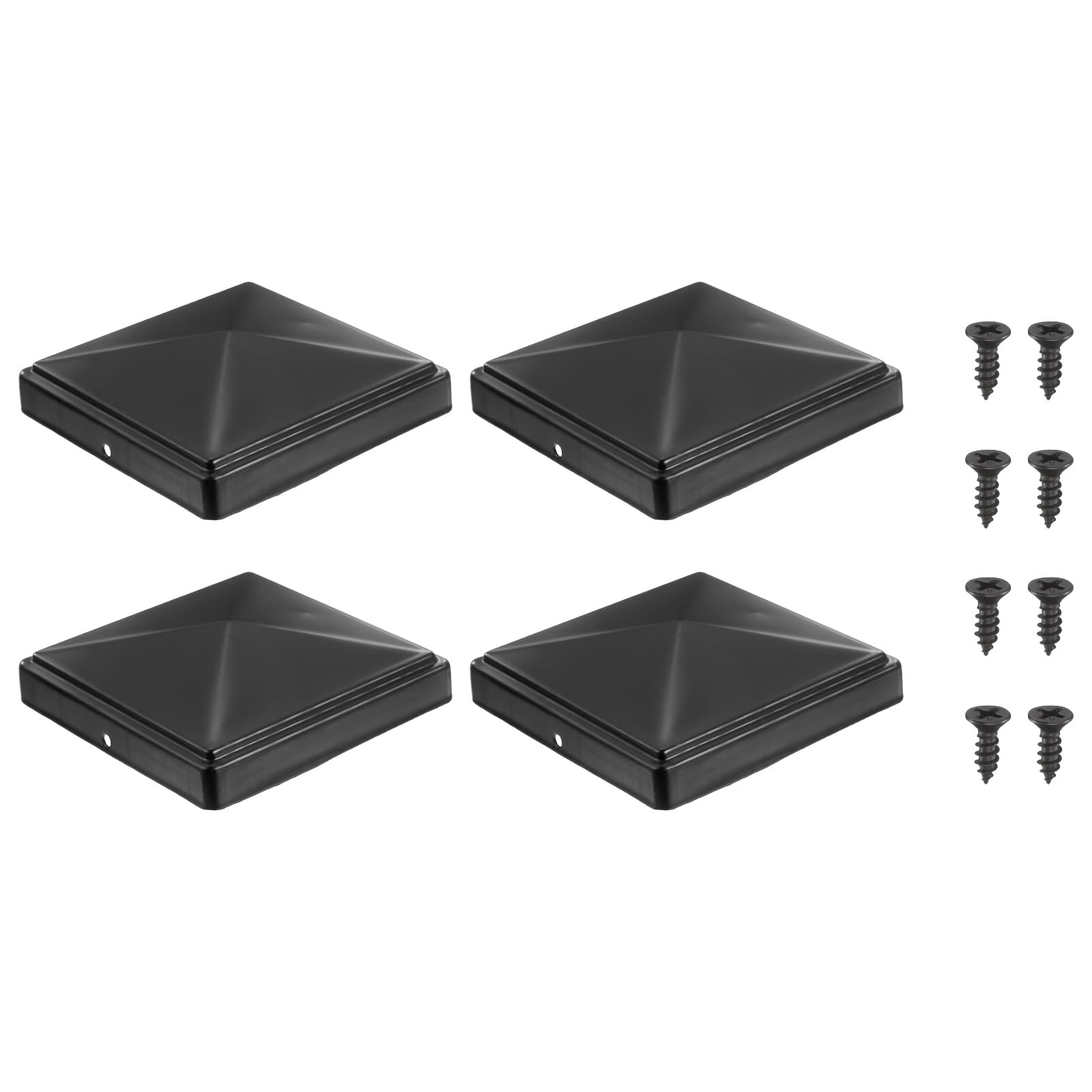 sourcing map 122 x 122mm Pyramid Post Cap, 4Pcs Galvanized Steel Fence Post Cover with Screws for Wood/Metal Fence Posts, Mailbox Pyramid Cover, Outdoor, Garden, Decks, Black