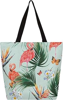Sacola de lona para mulheres, animais flamingo, borboleta, flor, sacolas grandes para homens com bolsos, sacolas de compras resistentes, sacolas de compras reutilizáveis, bolsa de ombro casual para escola, trabalho, praia, Multicor