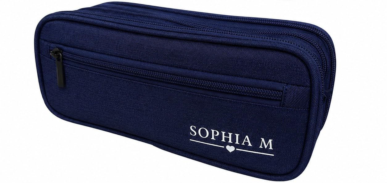 Personalised Pencil Case with Name. 4 Zip,Purple, Navy, Black (Navy Blue)