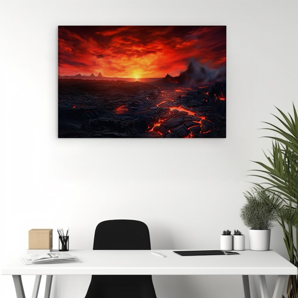 Canvas for Living room. Sunset Fire: A Vivid Dance of Lava and Light in a Volcanic Dreamscape, 27 x 18 inch Canvas Wall Art - Contemporary Masterpieces - Modern Home Decor - 69x46 cm (27x18 inch)