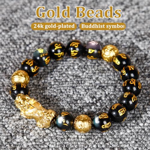 Feng Shui Bracelet 24K Gold Plated PiXiu Bracelet, Obsidian Dragon Protection Meditation Decompression Prayer Beads Lucky Wealth Bracelets for Men Women4