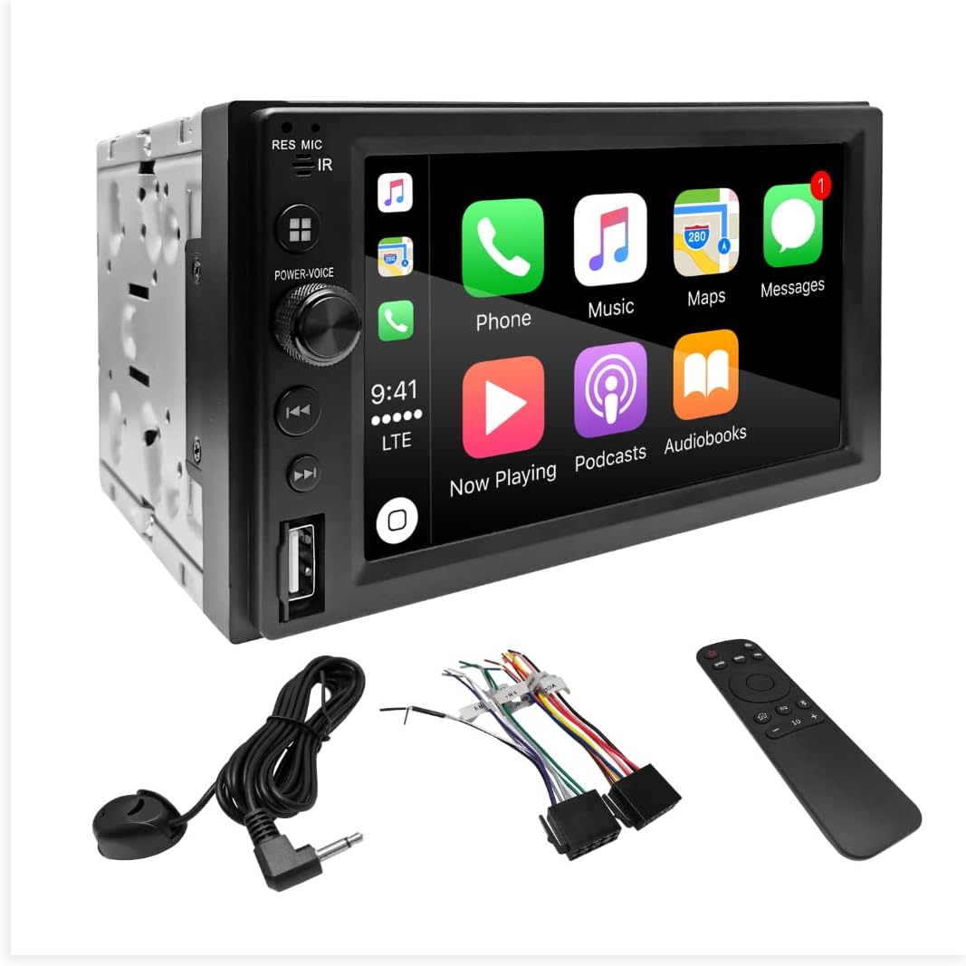 ChaoweiDouble Din Stereo Bluetooth Car Play Compatible with Apple CarPlay,6.2" HD LCD Touchscreen,Mirror Link,Steering Wheel,External Mini Microphone,USB/SD,AV,F-Camera Input,AM/FM Car Radio
