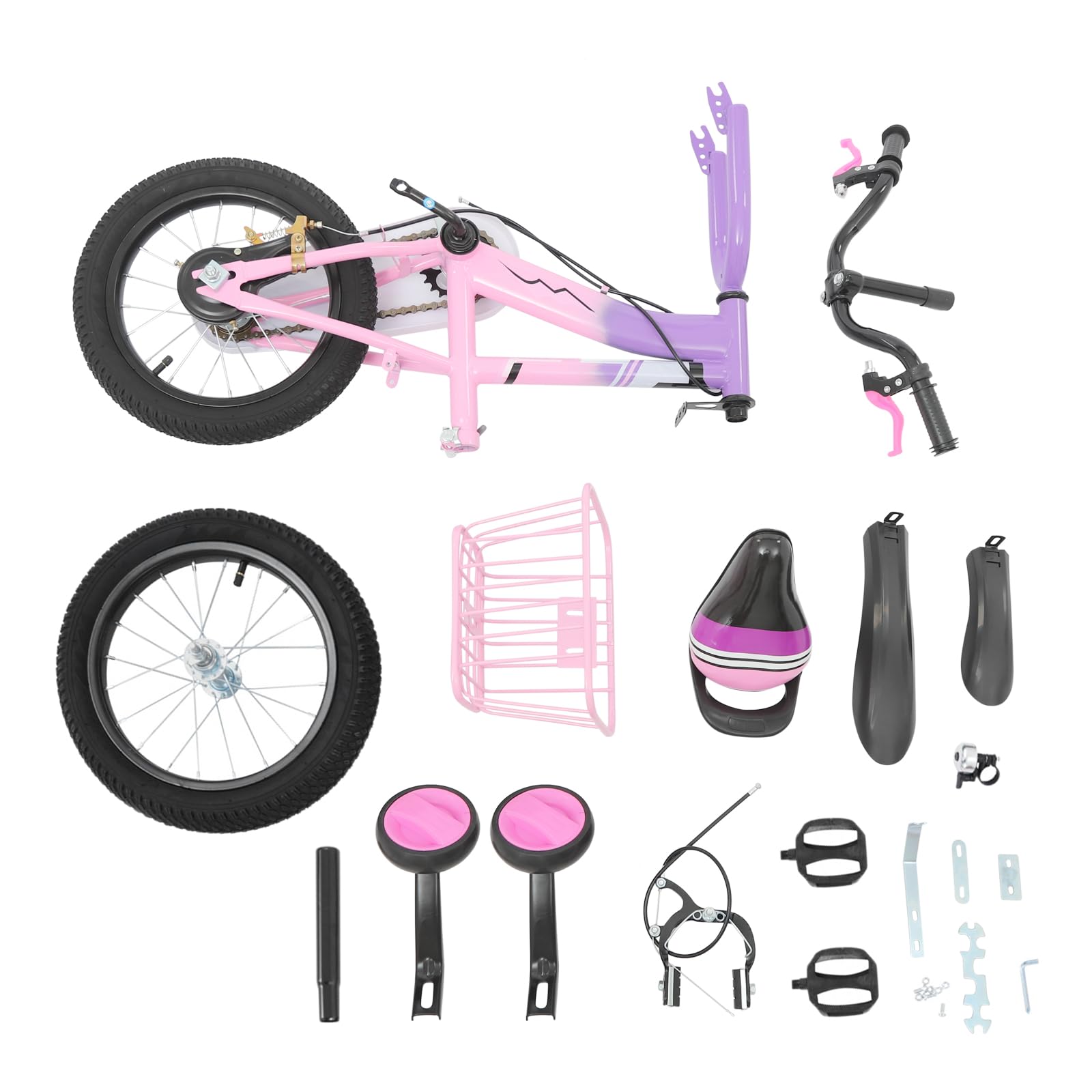 Vélo pour enfant 14 pouces avec panier, vélo pour enfants âgés de 3 à 6 ans avec roues stabilisatrices, vélo 14 pouces pour garçons et filles, hauteur réglable, double système de freinage