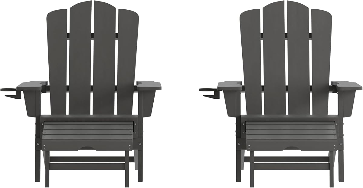 Flash Furniture HDPE Indoor/Outdoor Adirondack Chair, Gray, 2-Pack | Cup Holder, Indoor/Outdoor Use, All-Weather
