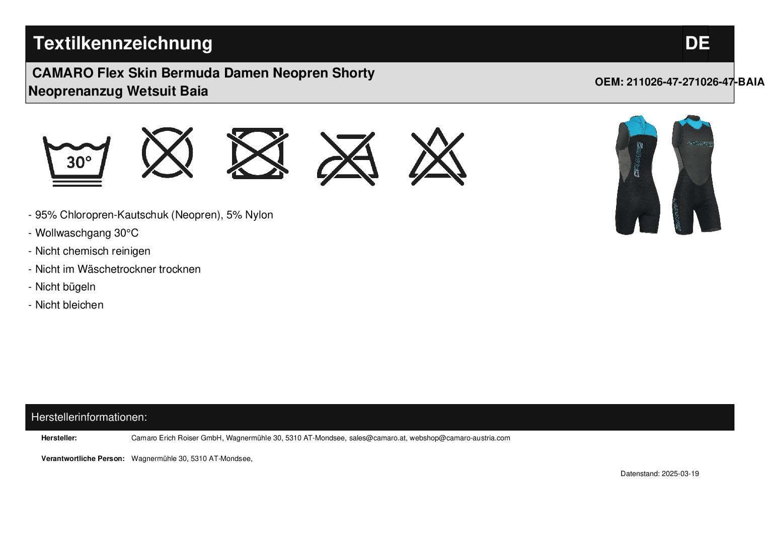 CAMARO Flex Skin Bermuda Damen Neopren Shorty Neoprenanzug Wetsuit Baia