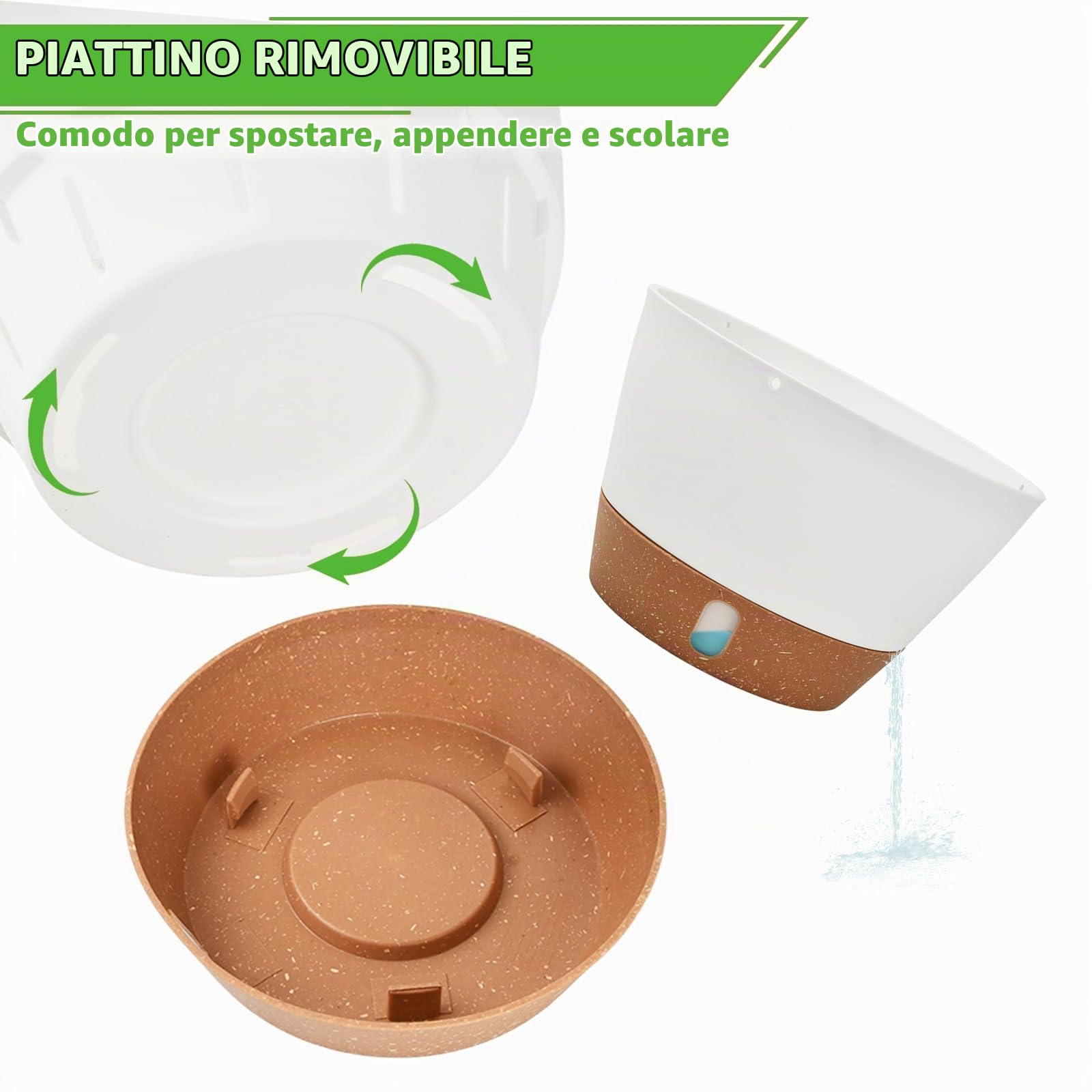Set 2 Vasi da Fiori Sospesi 25cm, Vasi Auto-Irriganti con Fori di Drenaggio e Sottovaso Rimovibile, Catena 43cm per Balcone, Giardino, Terrazza e Interni