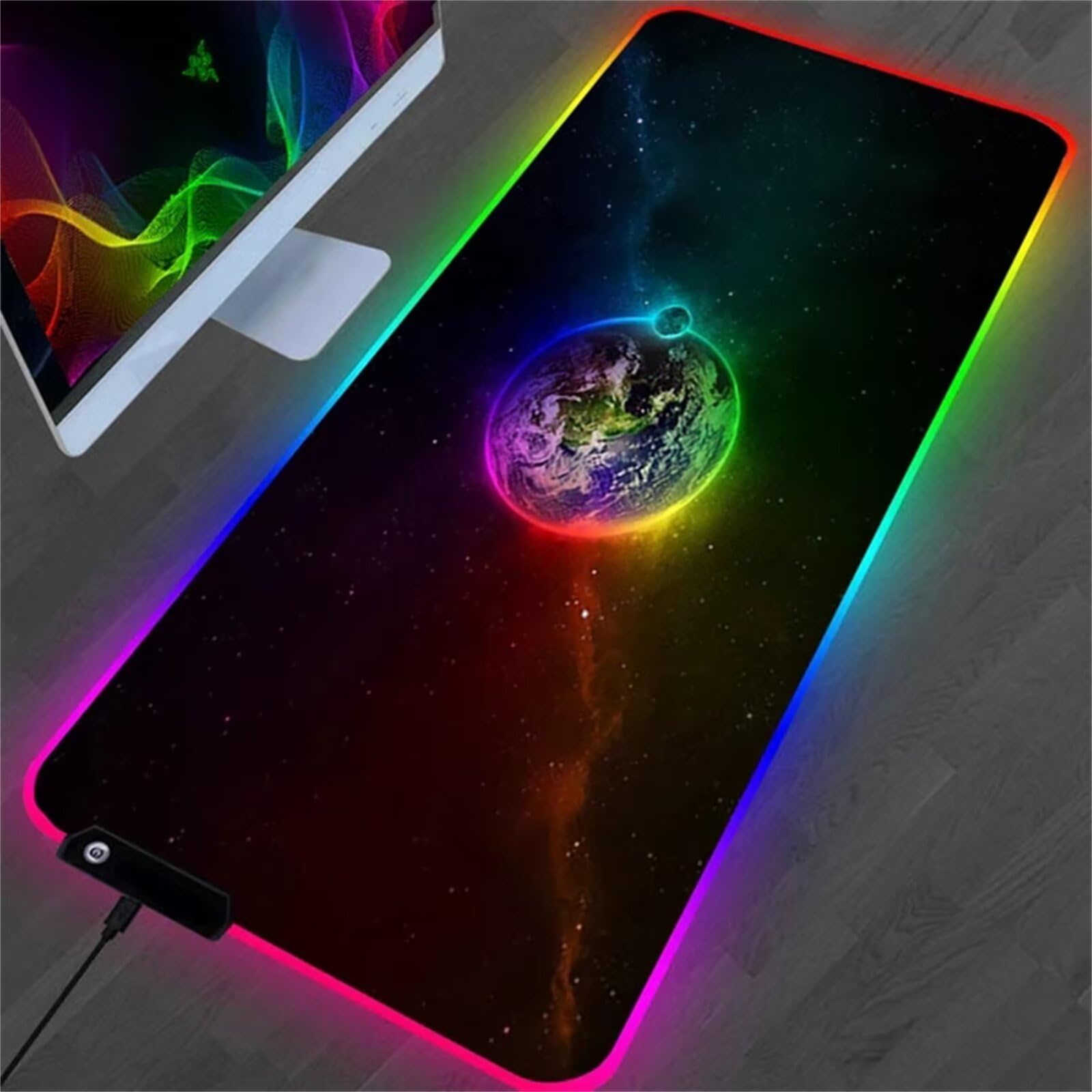 Tappetino per Mouse RGB Terra Grande Tappetino per Mouse da Gioco LED con 14 Modalità di Illuminazione Tappetino Antiscivolo per Laptop Ufficio e Scrivania 900x400x4mm