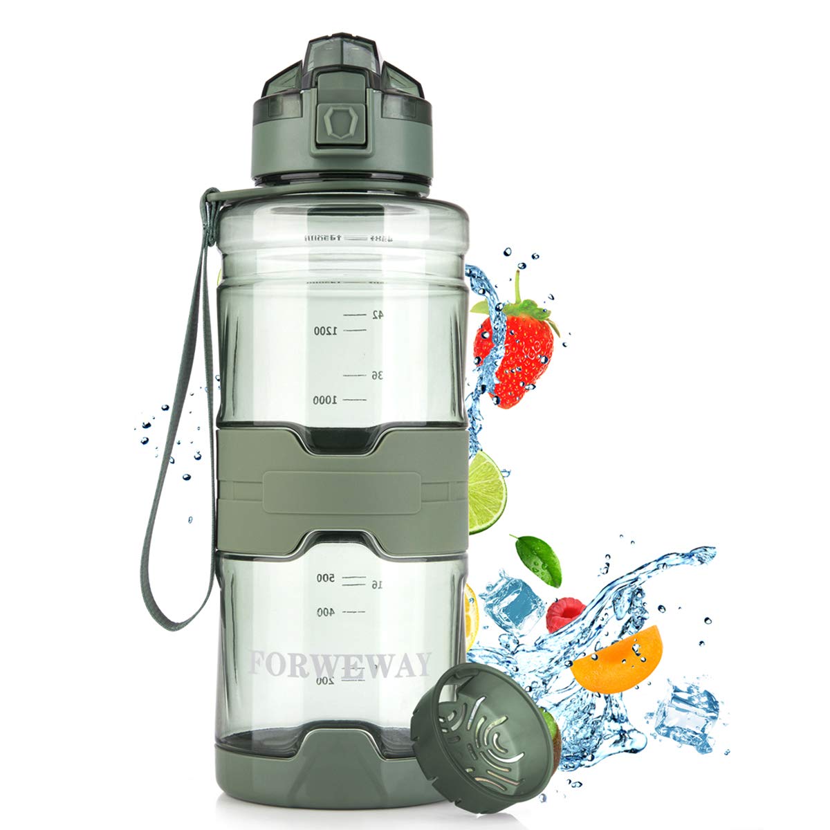 FORWEWAY 1,5 Liter BPA-Frei Wasserflasche Auslaufsicher Trinkflaschen Outdoor Tritan Kohlensäure Geeignet Sportflasche mit Filter Für Kinder Schule Gym Fitness Fahrrad Büro (Grün)