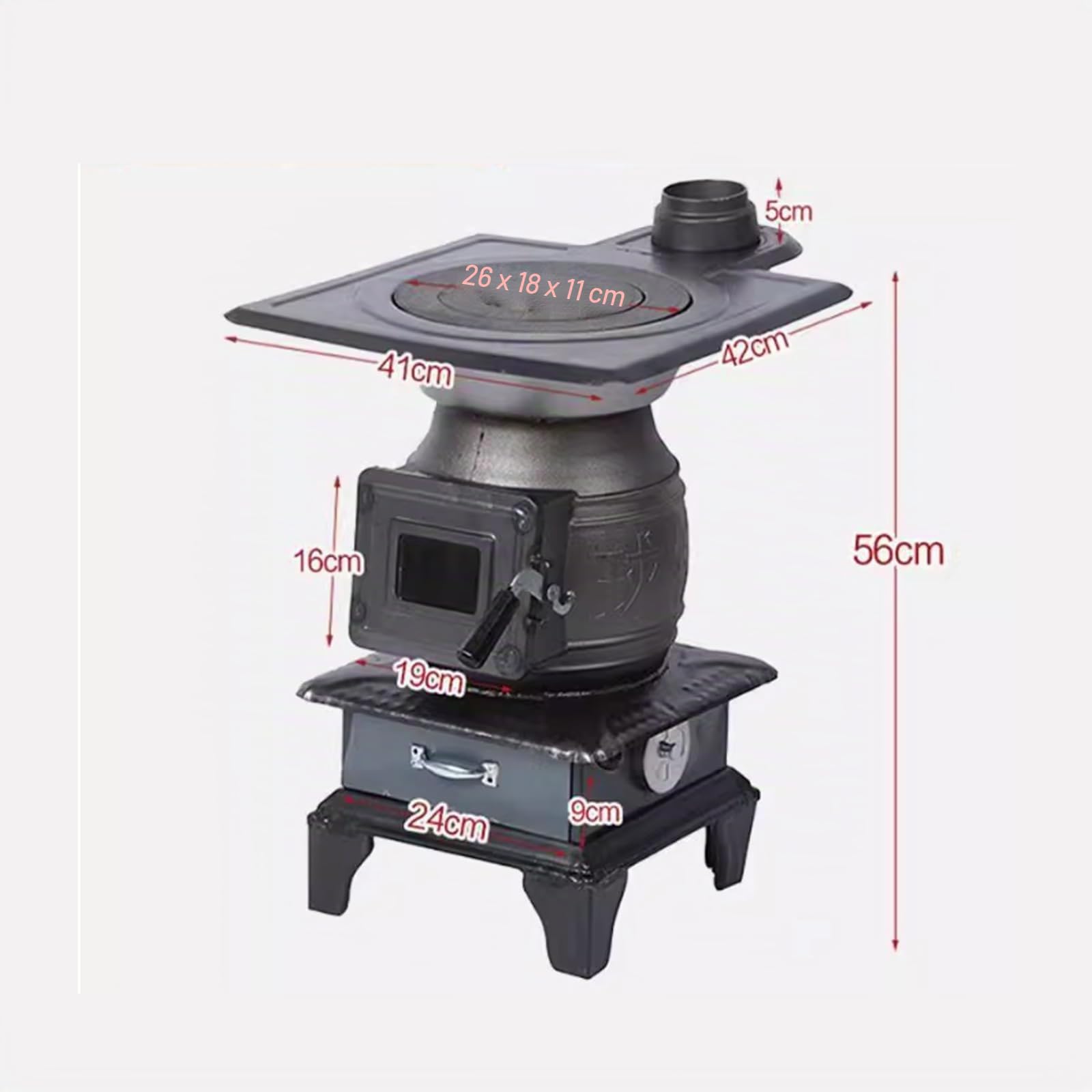 Stufa A Legna In Ghisa, Stufa A Pellet Slim Con Cassetto Raccogli Cenere E Tirante Anti-Perdita For Cucinare, Far Bollire L'Acqua, Riscaldare