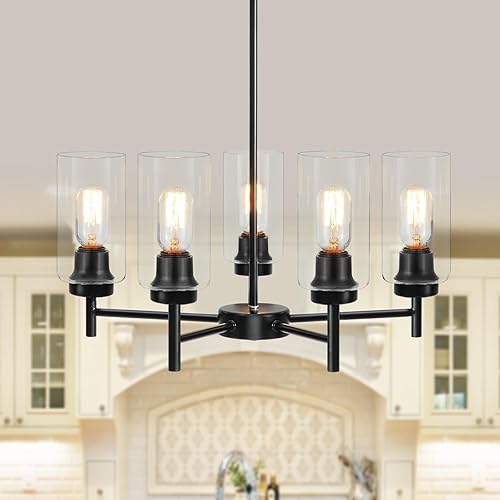 Candelabros modernos de 5 luces, lámpara negra para comedor, accesorios de iluminación con pantallas de vidrio transparente para cocina, sala de