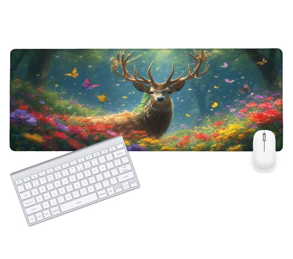 Podkładka pod mysz, do gier, jeleń, 1200 x 600 x 3 mm, duża podkładka pod mysz, leśna, antypoślizgowa gumowa podstawa, akcesoria do klawiatury, wodoodporna powierzchnia, przeszyte krawędzie, ulepszona